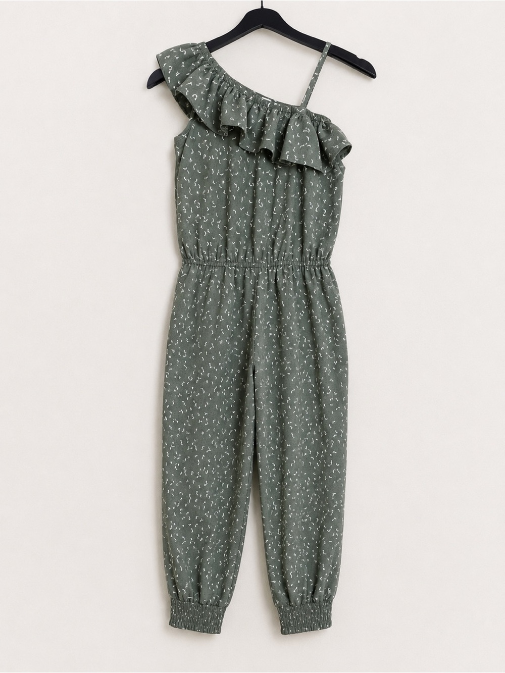 Zoo Girls Olive Green Bird Print One Shoulder Ruffle Jumpsuit Size 8Y 128cm